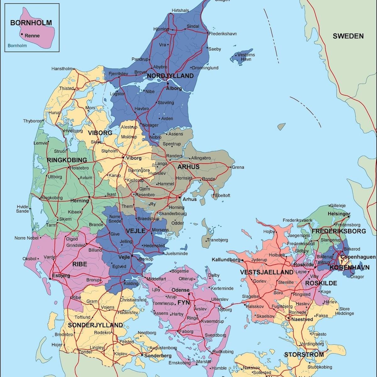 Карта Данії політичні 